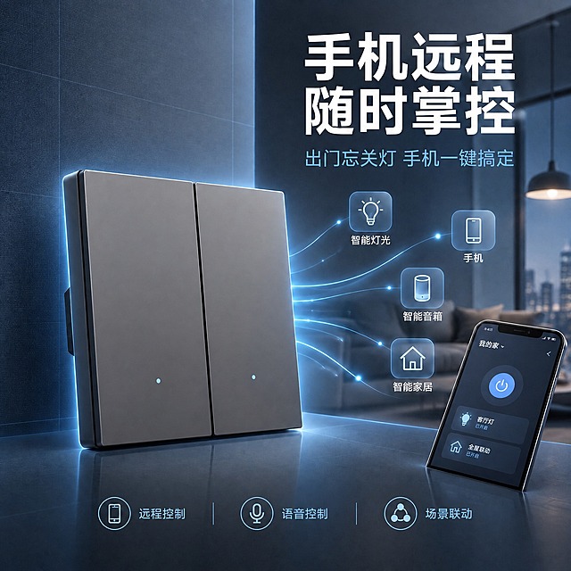 灰色双开智能开关面板表面调光滑，去除颗粒感和细微磨砂纹理，呈现细腻光滑的哑光塑料质感，保持原有灰色色相和光影层次，边缘结构、按键接缝、指示灯清晰自然。锁定原图背景、客厅场景、手机界面、所有文字标题、功能图标和光线效果，所有非产品元素位置、颜色、形态均保持不变，仅优化产品表面光滑度。