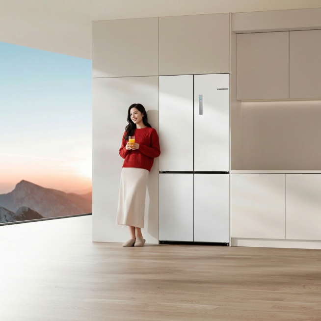 在冰箱在左侧增加以为30岁左右的亚洲女性，黑色微卷长发，化淡妆，微笑，后背轻轻倚靠在墙上，手上拿着玻璃杯橙汁，穿红色爆款毛衣，浅色长裙，包头居家拖鞋预览效果