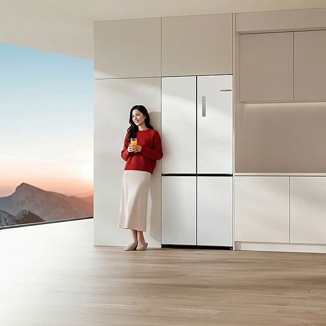 在冰箱在左侧增加以为30岁左右的亚洲女性，黑色微卷长发，化淡妆，微笑，后背轻轻倚靠在墙上，手上拿着玻璃杯橙汁，穿红色爆款毛衣，浅色长裙，包头居家拖鞋