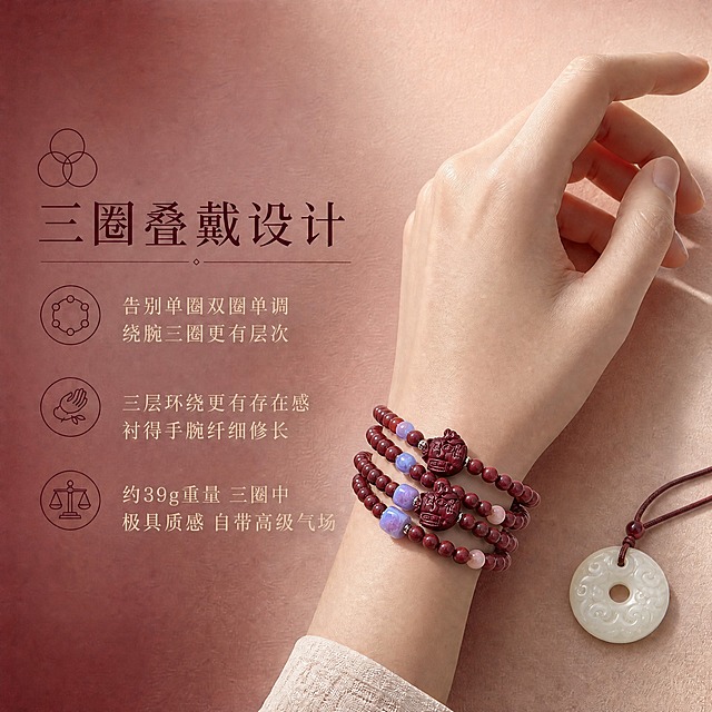 将图中手串改为三圈叠戴效果，手腕上佩戴三圈紫金砂招财猫手串，保持产品外观、颜色、材质、配珠（紫色方珠、蓝色隔珠、白色圆珠、招财猫坠饰）与原图一致，只是增加一圈变为三圈叠戴。左侧文案全部修改为三圈相关内容：顶部图标改为三个交叠的圆环，大标题改为"三圈叠戴设计"；第一条卖点改为"告别单圈双圈单调 绕腕三圈更有层次"；第二条卖点改为"三层环绕更有存在感 衬得手腕纤细修长"；第三条卖点改为"约39g重量 三圈中极具质感 自带高级气场"。保持原图的渐变酒红裸粉纸质感背景、字体风格、图标样式、整体构图和光影质感不变，右侧平安扣配饰保留。