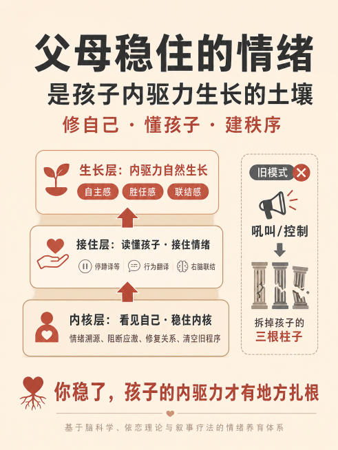 重新生成一张育儿课程宣传海报，整体风格温暖有逻辑感，视觉清晰，背景为燕麦暖杏色纯色，主色调深灰加砖红色点缀，使用无衬线字体，层级分明，从上到下递进。画面中央三行大字，字体从大到小：第一行：父母稳住的情预览效果