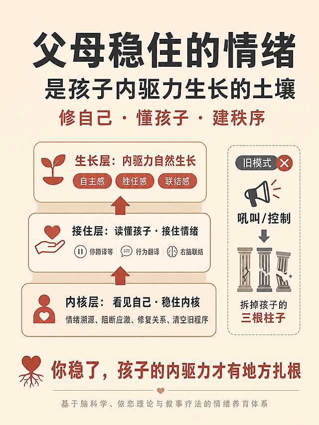 重新生成一张育儿课程宣传海报，整体风格温暖有逻辑感，视觉清晰，背景为燕麦暖杏色纯色，主色调深灰加砖红色点缀，使用无衬线字体，层级分明，从上到下递进。画面中央三行大字，字体从大到小：第一行：父母稳住的情绪，第二行：是孩子内驱力生长的土壤，第三行：修自己 · 懂孩子 · 建秩序。三行文字下方是简洁三层逻辑框架图，箭头从下往上连接：底层内核层：看见自己 · 稳住内核，小字：情绪溯源、阻断应激、修复关系、清空旧程序；中间接住层：读懂孩子 · 接住情绪，小字：停蹲译等、行为翻译、右脑联结；顶层生长层：内驱力自然生长，三个标签：自主感、胜任感、联结感；右侧对比框：旧模式 ❌ 吼叫/控制 → 拆掉孩子的三根柱子。最底部大字金句：你稳了，孩子的内驱力才有地方扎根，下方小字浅灰色：基于脑科学、依恋理论与叙事疗法的情绪养育体系。