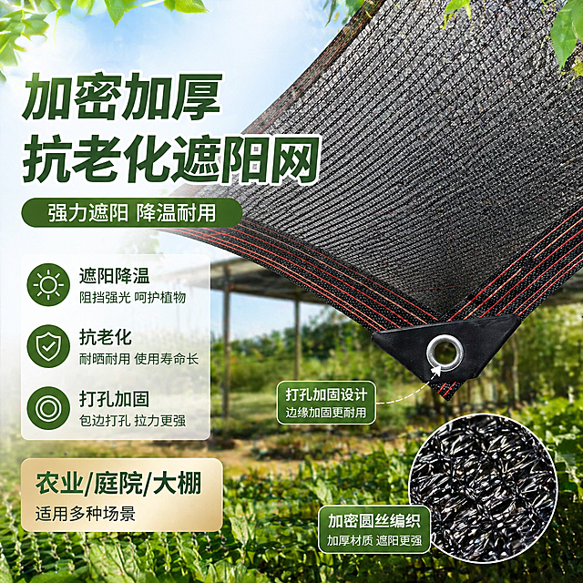 天猫平台爆款圆丝遮阳网商品主图，突出产品加密加厚、抗老化、打孔加固的细节特点，整体风格清新自然，适合农业遮阳庭院降温用途，展示产品质感，主图构图干净，吸引点击，1:1正方形构图
