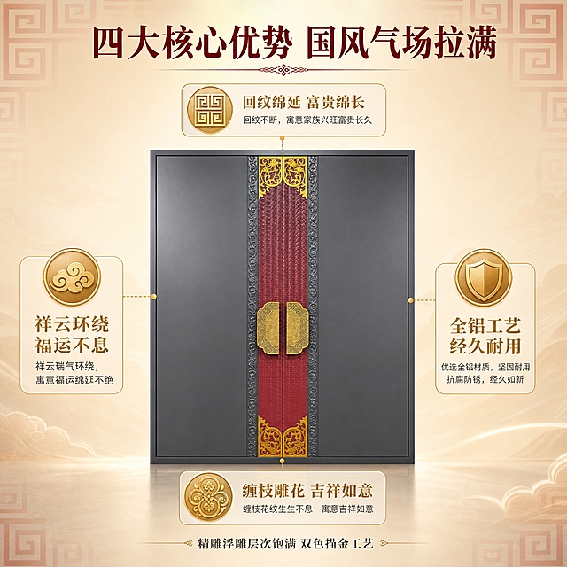 [主图-2] 核心亮点功能环绕图，核心任务是讲解大门的四大核心卖点与吉祥寓意。
[统一基调] 整体风格为国风高端大气，背景采用浅米金色渐变背景，点缀淡红色回纹暗纹；标题字色为深酒红色，辅助字色为深灰色，强调色为烫金色；字体采用大气宋体类衬线字体，字号层级分明，主标题最大最粗，辅助文案缩小60%以上；卡片采用细金边圆角样式，整体传递专业靠谱的高端别墅大门品牌感。
[画面] 产品大门居中放置，占画面约55%，正面平视角度，完整展示双开大门，外观与原图完全一致。大门四周环绕4个功能图标模块，分别对应四大卖点：上方模块配回纹图标+文字「回纹绵延 富贵绵长」，下方模块配缠枝花纹图标+文字「缠枝雕花 吉祥如意」，左侧模块配祥云图标+文字「祥云环绕 福运不息」，右侧模块配盾牌图标+文字「全铝工艺 经久耐用」。顶部大标题「四大核心优势 国风气场拉满」。底部补充一行小字「精雕浮雕层次饱满 双色描金工艺」。每个功能模块都有图标+短标题+一句短结论的结构，图标采用国风线条风格，烫金色填充。
[光影质感] 商业摄影质感，均匀柔和的正面光，大门整体清晰明亮，各部位细节可见，金色雕花有细腻光泽，回纹肌理层次分明，阴影自然，整体干净通透。
[配色] 浅米金渐变背景，深酒红主标题，深灰辅助文字，烫金色图标与强调，大门本身三色保持原图一致。
[文字版式] 顶部居中主标题，四周功能模块环绕式布局，底部补充说明；所有文字放在负空间，不遮挡大门主体；字体统一为宋体类，主标题加粗深酒红，模块标题烫金加粗，说明文字深灰常规。
[输出要求] 比例1:1，2048x2048像素，2K分辨率，文字清晰无错字，产品清晰不变形，画面干净整洁；负向：禁止变形、错字、模糊、杂乱、水印、平台Logo、悬浮、穿模、色差。