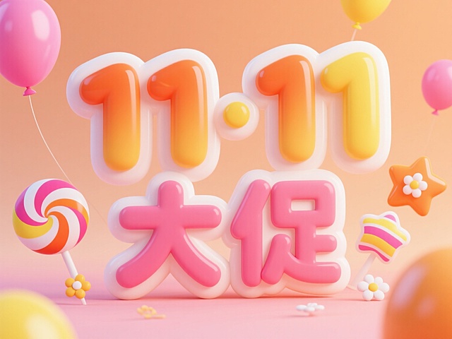 3D立体艺术字“11·11 大促”，采用圆润可爱的字体设计，字母边缘有光滑的弧面过渡和半透明渐变效果，文字主体色彩以温暖的橙色、明黄和粉红为主，搭配白色高光和柔和阴影增强立体感，背景为暖色系渐变（从浅橙到柔和粉橘），周围点缀彩色气球（粉色、黄色、橙色）、星形糖果（彩色带白色条纹）和小巧花朵装饰，整体保持甜美活泼的氛围，视觉层次清晰，色彩明快和谐，具有强烈的节日促销感和吸引力。