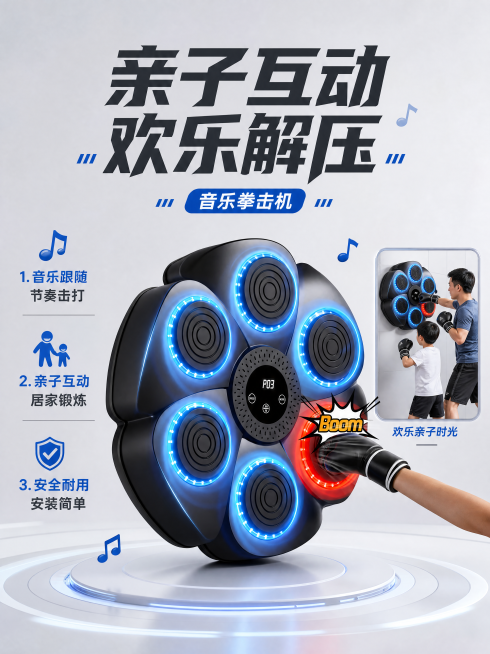 「图片1」，生成一套主图（5张），商品名称是音乐拳击机，卖点是儿童解压，居家可玩，亲子互动，风格是帅气运动风，适配淘宝/天猫平台，主图比例为3:4预览效果