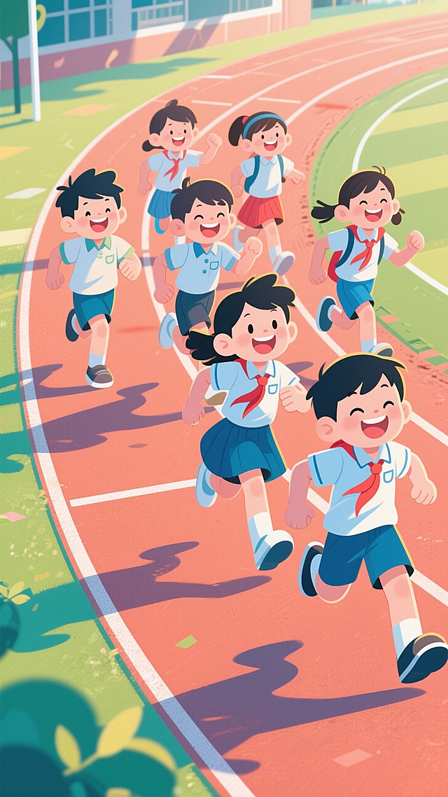 一群可爱的学生，他们穿着夏季校服，脸上洋溢着灿烂的笑容，正在学校的跑道上欢快地奔跑，展现出蓬勃的朝气