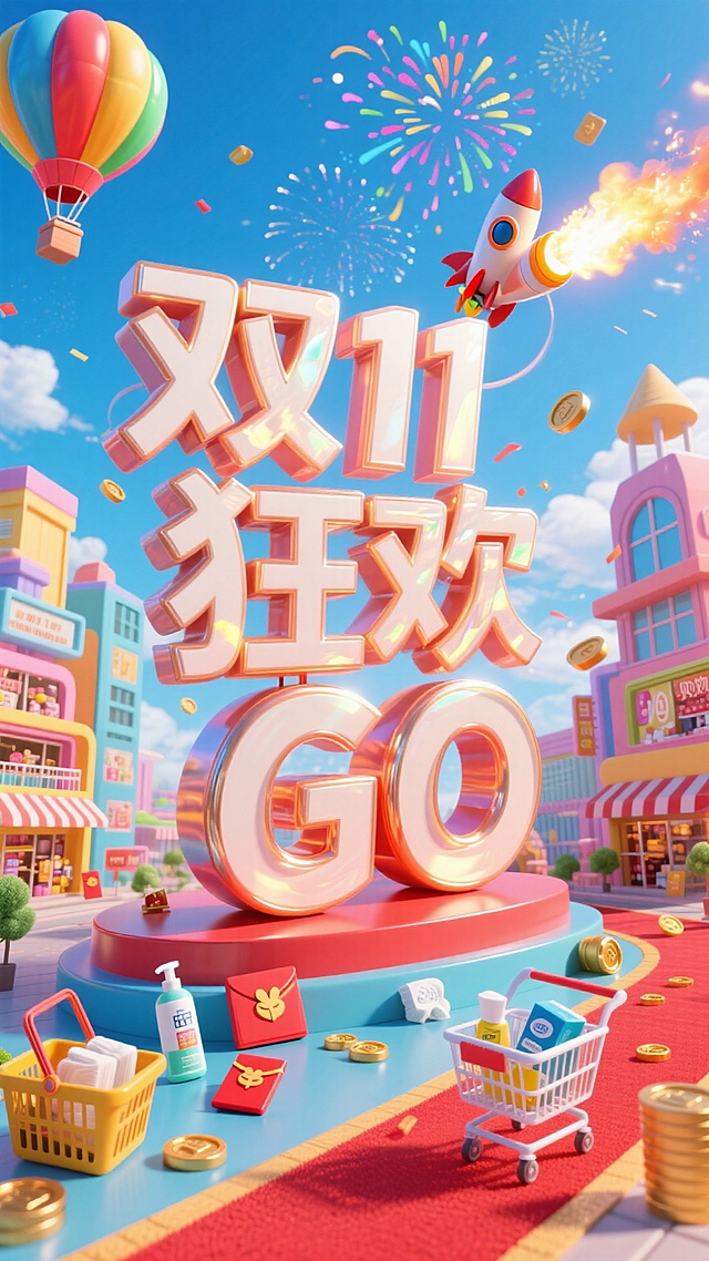 奇幻购物都市场景：以巨型 “双11狂欢GO” 立体字为视觉核心，小火箭绕着文字飞过，背景是蓝天白云与烟花。场景中融入购物建筑、热气球、红地毯，散落购物篮、商品（洗护、纸品等）、红包、金币