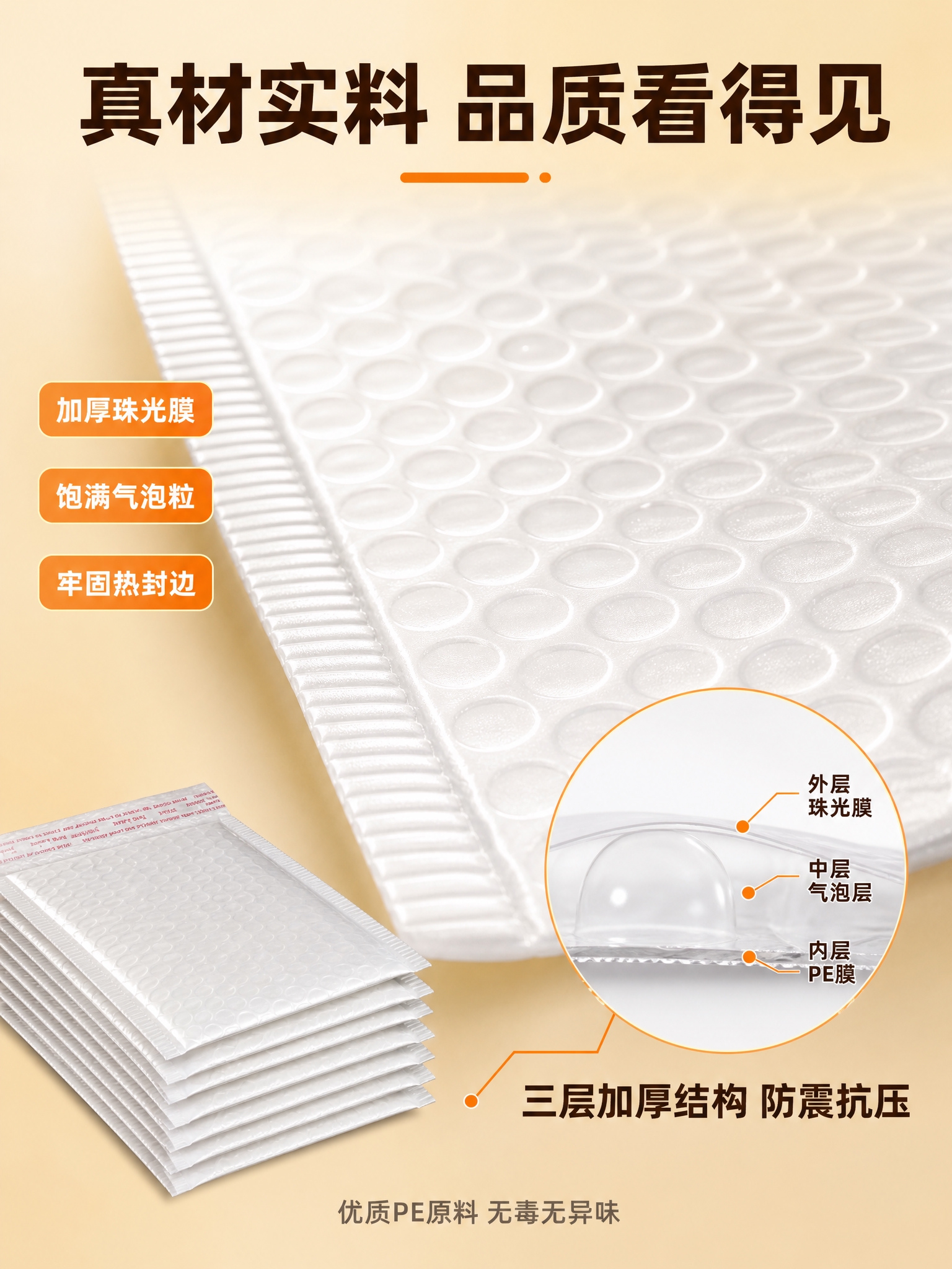 [主图-3] 材质工艺细节图，主题为珠光膜气泡袋材质与结构细节… - 图片创意预览