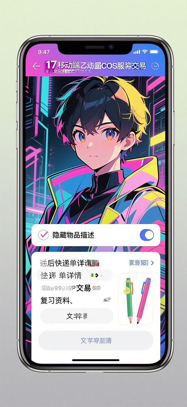 📱 底部导航栏（五大金刚）1. 🏠 主页（广场）功能描述： 类似小红书的双列瀑布流，但只展示二手/定制/手作C服。特色卡片：“今日出没角色”：顶部滚动小标签（如：#五条悟 #小樱 #原神）。“急！漫展前急救”：专区，展示距离漫展3天内还能送达或同城自提的物品。“同校/同城”：基于LBS推荐，显示“XX国际学校 3人正在出 祢豆子”。2. 👗 分类（逛圈）功能描述： 整理癖狂喜的分类体系。分类维度：按作品（咒术回战/鬼灭/原神/光与夜之恋…）按部位（假发 / 美瞳 / 鞋子 / 道具武器 / 成品衣）按风格（Lo裙改 / 蒸汽波 / 校供感 / 暗黑系）特色功能： “身高/尺码匹配” 滑块。高中生还在长身体，输入自己身高和三围，直接筛选出穿着合适的衣服（避免买到穿不下的痛衣）。3. 📸 发布（中间凸起大按钮）icon设计： 一个带腮红的拍立得相机。发布流程：拍下实物图（必须上传带ID手写纸条的防骗图？可以但可选）。“箱损/瑕疵标注” 功能：新手卖家难免买到有瑕疵的，可以在图片上直接圈出“这里有点脱线”或“背后有轻微污渍”，避免纠纷。“试穿参考”：如果卖家本人有上身图，可以加一个“试穿滤镜”（类似AR特效，遮挡面部保护隐私，但展示上身效果）。4. 💬 消息（コミュニティ）功能描述： 社交与聊天。特色模块：“扩列墙”：可以发布交友信息，找同好一起去漫展。“拼团/拼邮”：很多海外代购C服运费贵，可以在这里找同城或同好拼单。聊天框：发送“拍下未付款”提醒，自带颜文字键盘。5. 👤 我的（推し活记录）功能描述： 个人中心。特色模块：“我的衣柜”：已购物品列表，可以记录“这件出过XXX角色”。“种草清单”：收藏夹。“我的出物”：管理发布的商品。“信用值”：基于交易记录给出的“好こえ~”（好感度）评分，类似闲鱼信用，但图标是可爱的星星或宝石。✨ 针对高中生痛点设计的“杀手级功能”1. “以物换物”模式（物々交換）很多高中生零花钱有限，买来的C服出掉可能只穿一次。功能： 在商品页增加一个“想换”按钮。你可以用自己穿过的【初音未来】服装，去交换别人的【马修】cos服。App提供双向邮寄担保，只收一点点保险费。2. “假发救援”专区假毛（假发）是最容易买错/变形的。功能： 专门分区给 “未打理/已造型” 的假发。并内置 “修剪教程” 短视频（可以跳转B站合作链接）。买假发送护理小卡。3. “家长友好模式”有时候寄到学校的快递怕被家长发现。功能： 快递单上可以勾选 “隐藏物品描述”，发货方填写为“复习资料”或“文具”。（贴心小细节！）4. 急急急！道具3D打印代工联系附近的创客空间或学校里的技术大佬，如果你的亚克力武器断了，可以在App上找“手作娘”或“3D打印代工”，上传图纸，本地交货。💬 一些小彩蛋设计加载动画： 是一个转圈圈的魔法阵。404/空页面： 显示一只流泪的粘土人，配文“呜哇！商品被买走啦~”。暗黑模式： 名字叫“夜场模式”，适合在被窝里偷偷逛。