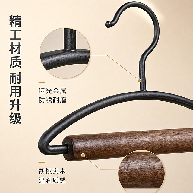 [主图-3] 材质细节特写，突出金属质感与实木纹理的高品质细节。
[统一基调] 极简家居风格，温暖自然色调，浅米色+原木色为主背景，深胡桃木色为强调色，字体用简洁无衬线黑体，标题字色深灰，辅助字色浅灰，整体干净明亮有品质感。
[画面] 画面采用特写视角，聚焦衣架的两个关键材质部位：上半部分展示黑色金属挂钩与弧形架身的连接处，金属表面细腻哑光质感，焊接处光滑平整；下半部分展示胡桃木实木横杆的细节，木纹自然清晰，木质温润有质感，金属与木材的衔接处精密贴合。画面用放大镜效果或分区域特写突出材质细节，背景为纯净的浅米色渐变。
[光影质感] 商业产品摄影质感，侧逆光勾勒金属边缘轮廓光，柔光展现实木纹理层次，材质质感真实细腻，阴影柔和有层次。
[配色] 背景浅米色渐变，黑色哑光金属，深胡桃木色实木，标题深灰色，强调色用暖金色点缀。
[文字版式] 左侧竖排或顶部横排主标题"精工材质 耐用升级"，下方两个标注点分别指向金属部位和木杆部位，配文"哑光金属 防锈耐磨"和"胡桃实木 温润质感"，文字简洁不抢主体。
[输出要求] 1:1正方形比例，材质细节清晰，文字清晰可读，禁止出现水印、平台Logo、错字、模糊、杂乱。