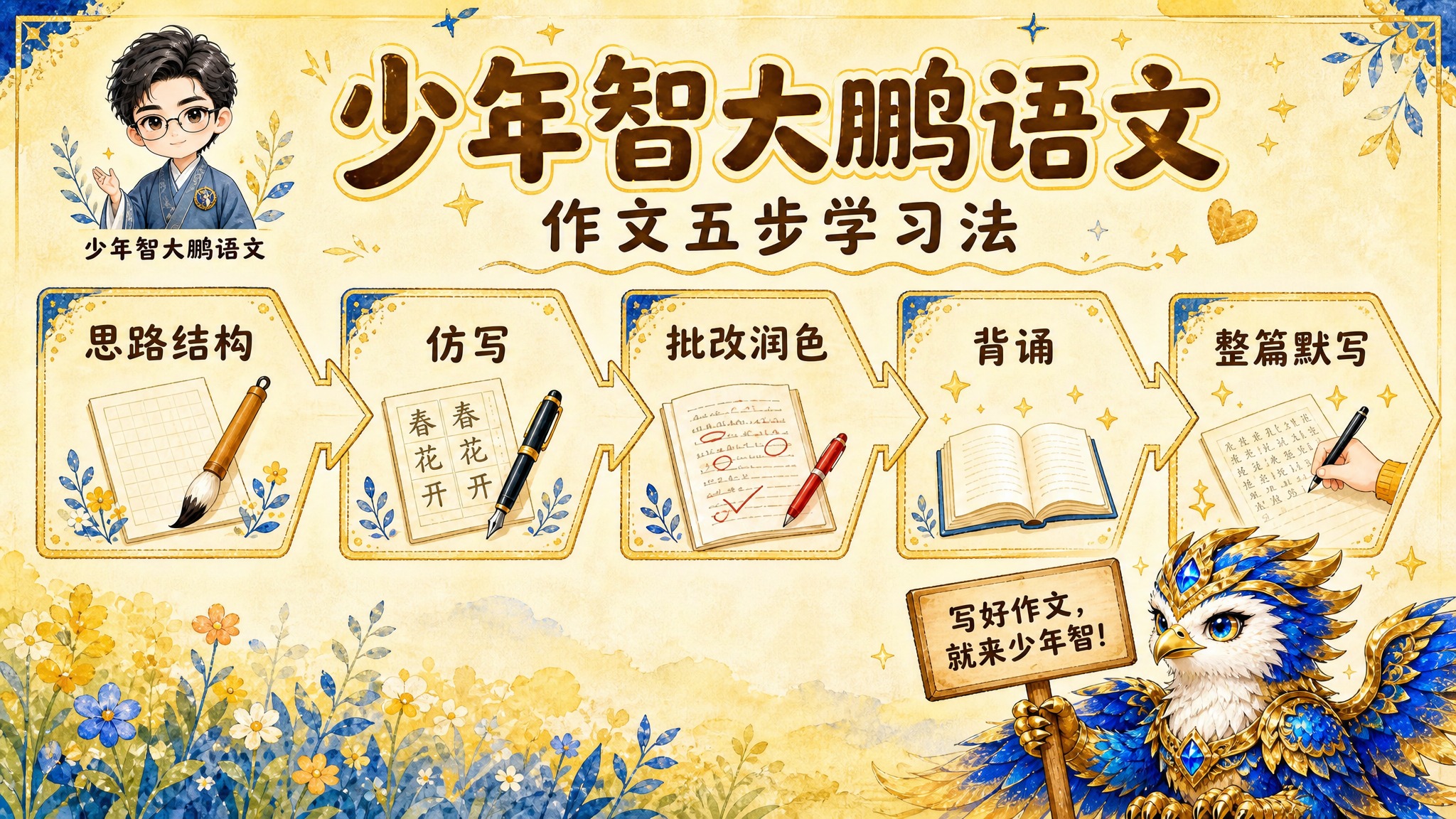 基于图1的作文五步学习法流程图海报进行修改： 1. 左上角lo… - 图片创意预览