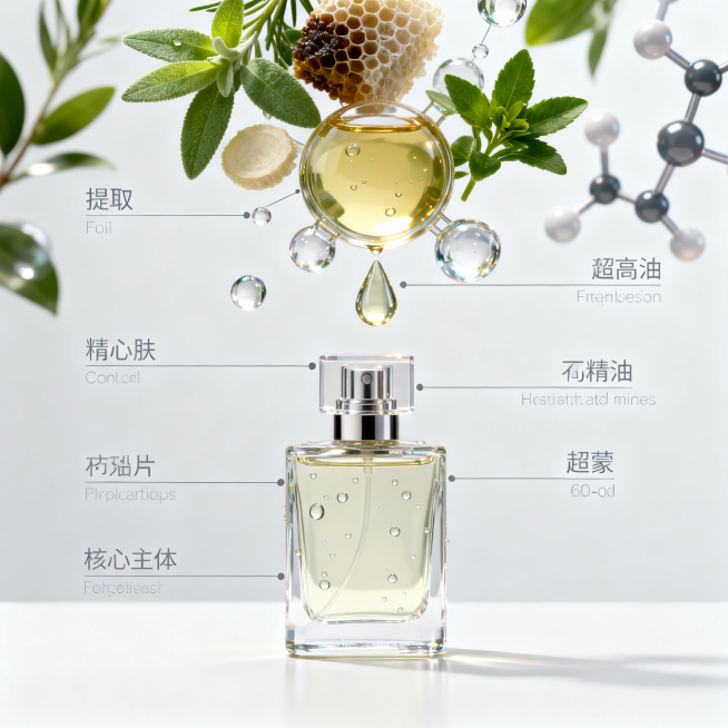 [主图 2] 香水成分场景展示。
[氛围风格] 纯净科技感，通透自然
[画质] 商业摄影质感、光线柔和通透、产品清晰真实、画面干净高级
[元素] 香水瓶置于画面中下部，上方悬浮真实植物提取物和精油水滴预览效果