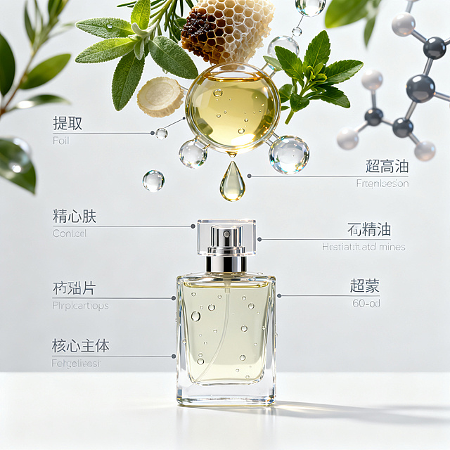 [主图 2] 香水成分场景展示。
[氛围风格] 纯净科技感，通透自然
[画质] 商业摄影质感、光线柔和通透、产品清晰真实、画面干净高级
[元素] 香水瓶置于画面中下部，上方悬浮真实植物提取物和精油水滴，3D分子结构点缀，细线指向产品标注核心成分。保持香水外观质感精致细腻，商品主体占比严格控制在 60%-80% 之间，满屏无边框构图。
[光影] 柔光箱打光，整体光线均匀柔和，突出瓶身通透感和成分元素的立体感，高光点缀水珠表面，通透不灰蒙。
[配色] 浅灰白色背景，搭配植物自然绿色和透明水滴，整体清新干净。
[视角构图] 平视中心构图，浅景深突出主体，成分元素层次错落。
[文字版式] 每个成分元素旁用细线连接标注名称，字体纤细灰色，不抢主体，底部留白干净整洁。
[比例分辨率] 1:1 比例，2k 分辨率，文字清晰可辨，超高清
[负向提示词] 变形，水印，文字错乱，产品图模糊，背景杂乱