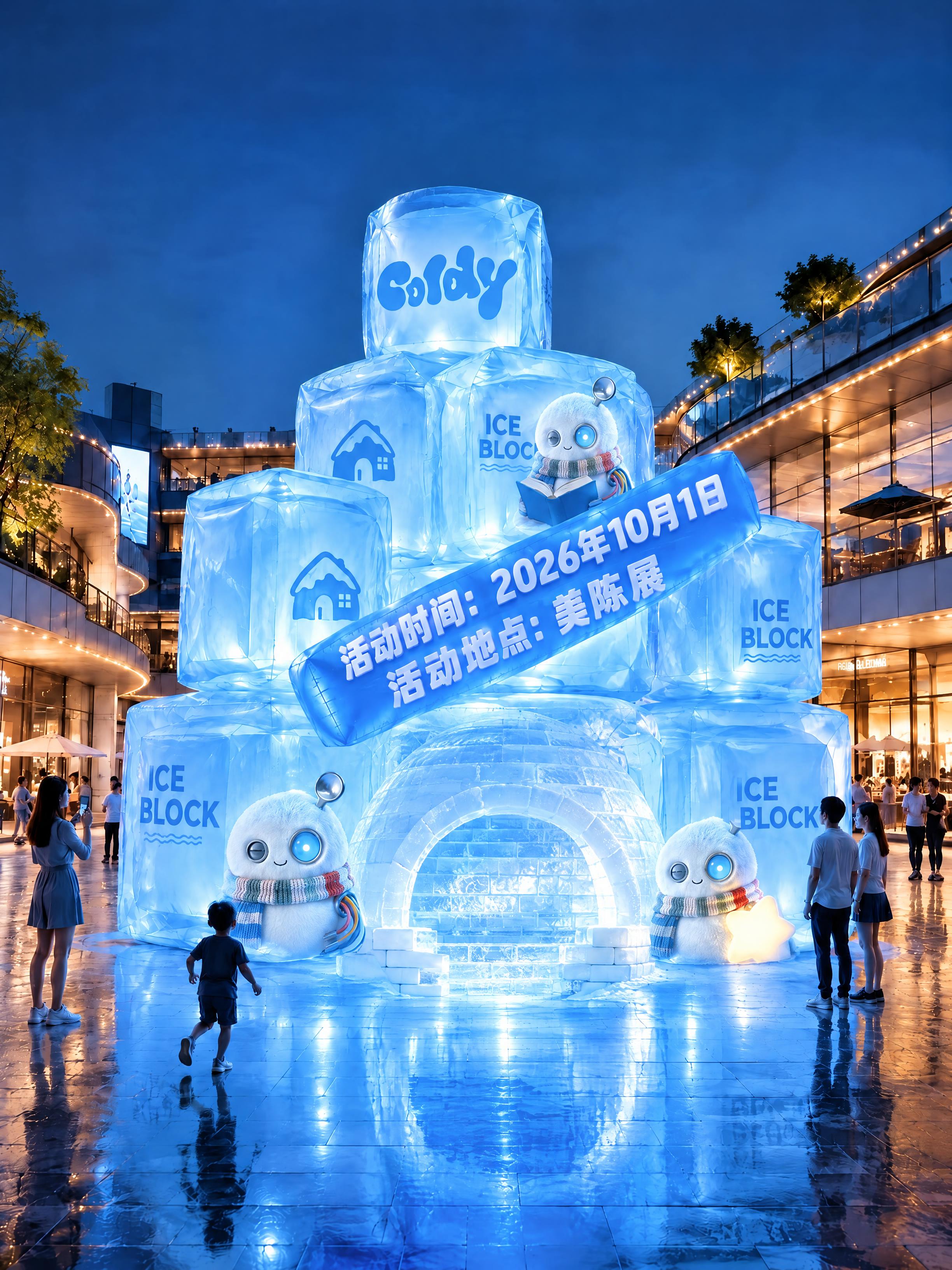 基于第一张冰块堆美陈图片进行修改，保持整体场景、人物、建筑背景… - 图片创意预览