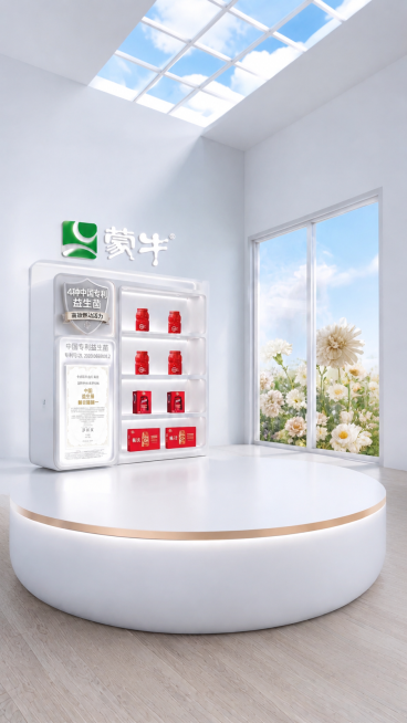 把图片右侧拉远延伸，拓展画面空间，在画面左右两侧都留出完整的墙壁空间，保留原有蒙牛展示柜、所有产品文字信息和窗外花景，保持整体场景风格一致协调预览效果
