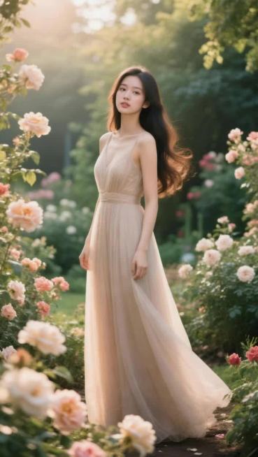 女生向右走在花园里，镜头向右跟踪女生的动线，展示花园景色的美。预览效果
