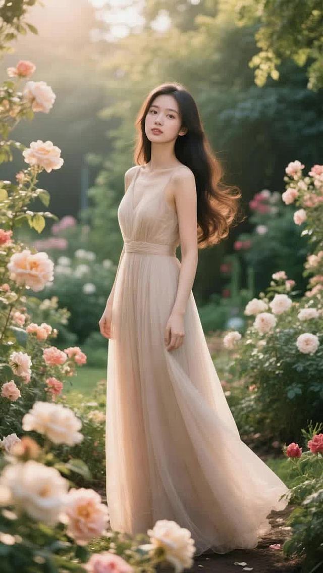 女生向右走在花园里，镜头向右跟踪女生的动线，展示花园景色的美。