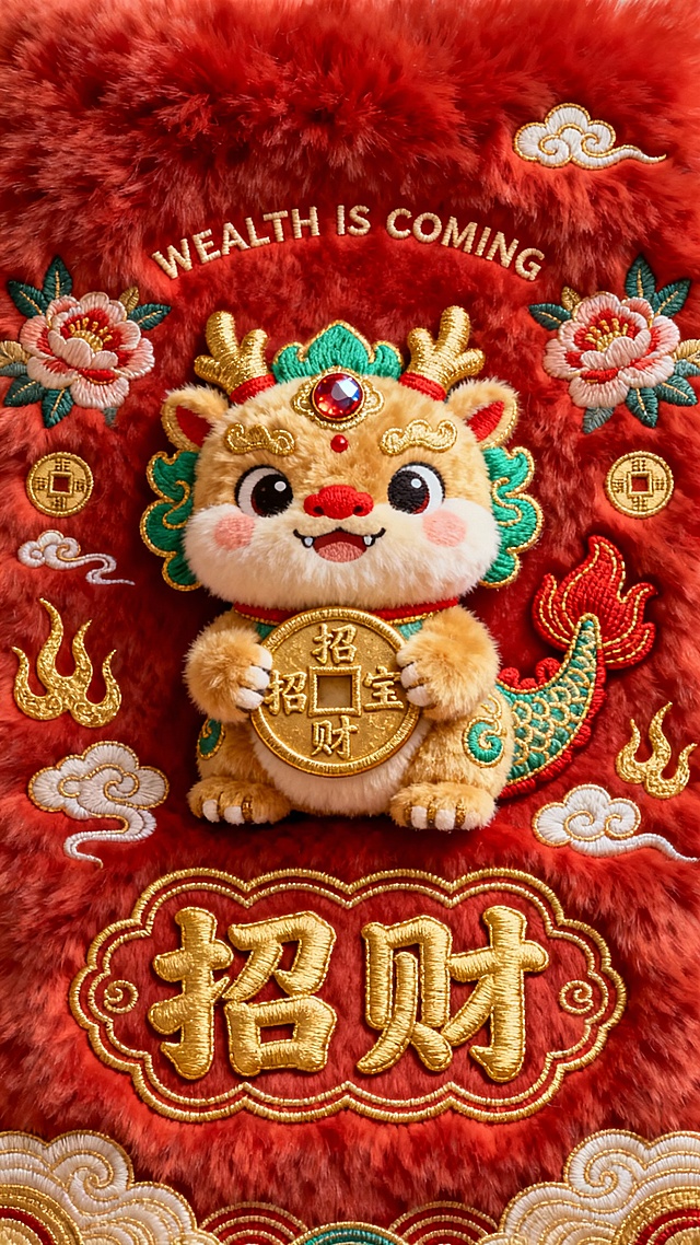 这款招财貔貅壁纸的灵感来自红色毛绒带来的温暖触感，以及中式绣花与金线纹样的仪式感。萌趣的小貔貅怀抱古钱，象征财富汇聚与好运常伴；红金配色在视觉上营造喜悦、丰盛与被守护的感受。绣花细节、祥云纹样与立体“招财”字样，让传统吉祥寓意以更治愈、更亲和的方式呈现。每一次亮屏，都像轻轻召唤富足生活，把好能量放入口袋，让财富悄悄向你靠拢。