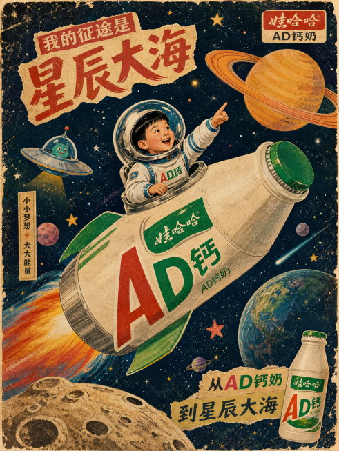 创意复古拼贴海报，中国小男孩穿宇航服乘坐AD钙奶造型火箭，背景为浩瀚宇宙星空，点缀星星星球预览效果
