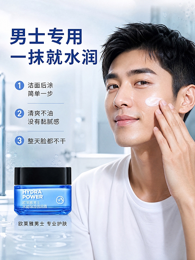 [商品] 使用【图1】欧莱雅男士水能保湿强润霜；保留蓝色方瓶、黑色瓶盖、瓶身HYDRA POWER白色文字、欧莱雅男士水能保湿强润霜中文文字、右侧山峰圆形Logo；保持产品结构、颜色、材质、比例完全一致。
[画面] 页面目标：真人效果页 半身氛围型 男士使用中状态 肌肤水润光泽。画面右侧是亚洲男士半身特写 约25-30岁 清爽短发 健康肤色 他正在用手指将面霜涂抹在脸颊上 表情自然放松 肌肤呈现水润光泽感 左侧放置产品 占画面30% 正面视角 背景是模糊的现代浴室洗漱台 有柔和的水雾效果 整体氛围干净清爽 男士使用动作真实自然 产品与人物同页融合。
[视觉] 套系策略：风格=纯净科技水润感 商业摄影3D渲染质感；标题字=现代无衬线粗体；正文字=简洁无衬线体；主色=浅蓝白；背景延展=基于浅蓝白做深浅层级渐变 水波纹 水光质感；强调色=亮蓝色 仅用于小面积图标 引线 标签 数字高亮；标题色=深蓝色；正文色=深灰色；组件=圆角半透明浅蓝卡片 圆形图标 细线引线；光影=浴室自然光 柔和顶光 人物肌肤有自然水润光泽。
[文字] 左上角主标题 男士专用 一抹就水润 深蓝色粗体大字 主标题下方3条编号结果 1 洁面后涂 简单一步 2 清爽不油 没有黏腻感 3 整天脸都不干 编号亮蓝色 文字深灰色 字号缩小60% 底部产品旁小字 欧莱雅男士 专业护肤 深灰色 文字全部横排 左侧布局 不遮挡人物主体。
[规格] 图片比例3:4竖版 4K 避免变形 错字 文字过小 人物面部扭曲 手部畸形 夸大效果 无医疗功效宣称 无极限词 无平台Logo。