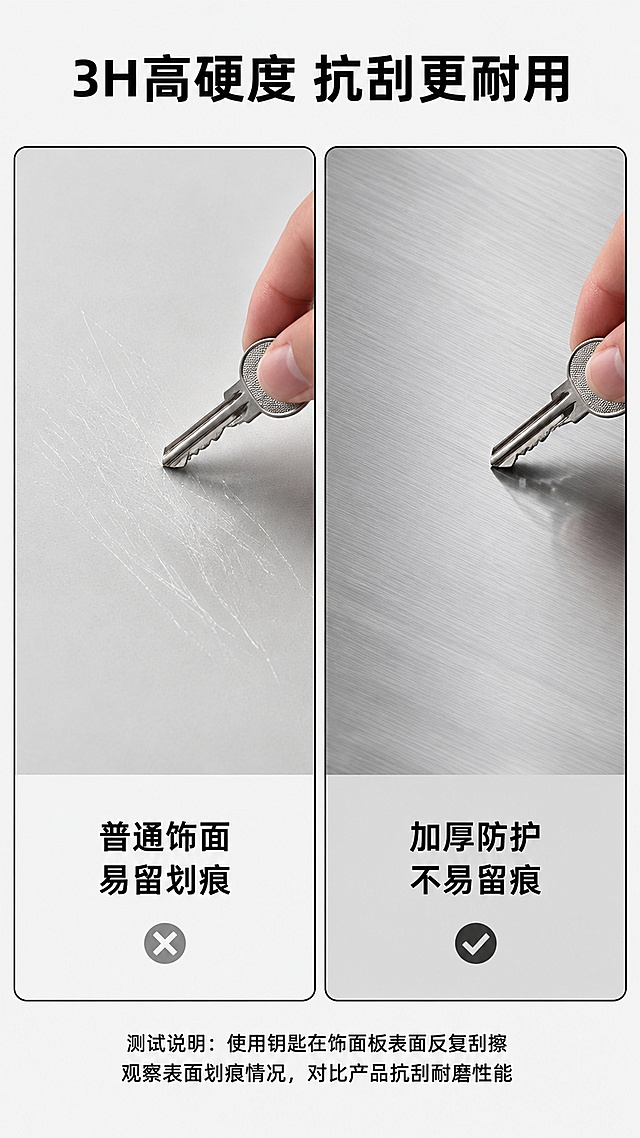 [第5屏] 抗刮耐磨性能测试，对比普通饰面板与本产品效果。
[氛围/风格]：对比实验风，清晰直观，突出产品性能优势
[元素布局]：左右分栏对比，左侧展示普通饰面板被钥匙划伤后留下明显划痕的效果，右侧展示本款金属拉丝饰面板钥匙刮擦后无痕迹；上方主标题，下方标注测试说明；本产品纹理和颜色保留原图一致。
[光影质感]：均匀打光，划痕效果清晰可见，对比强烈，视觉冲击力强。
[配色色系]：全局底色 #F5F5F5；左侧普通面板浅底，右侧本产品保留原有金属色，边框深灰色，文字黑色。
[视角构图]：左右对比构图，左右各占45%，顶部标题占10%，文字标注在各栏下方。
[文字版式]：顶部主标题 "3H高硬度 抗刮更耐用"，左侧标注「普通饰面 易留划痕」，右侧标注「加厚防护 不易留痕」，文字清晰对比明确。
[比例分辨率]：9:16 竖版比例，4K分辨率，高清画质，文字清晰可辨。
[负向提示词]：对比不清晰，产品纹理改变，文字错乱，排版歪斜。