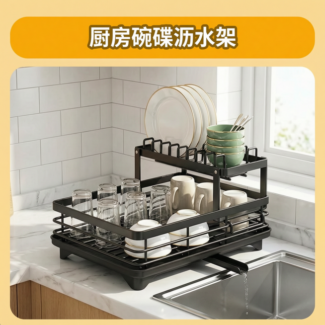 将图片上的英文文字'Kitchen Dish Drying Rack'全部替换为中文'厨房碗碟沥水架'，保持原字体、排版和黄底白字的颜色不变，其他内容不修改预览效果