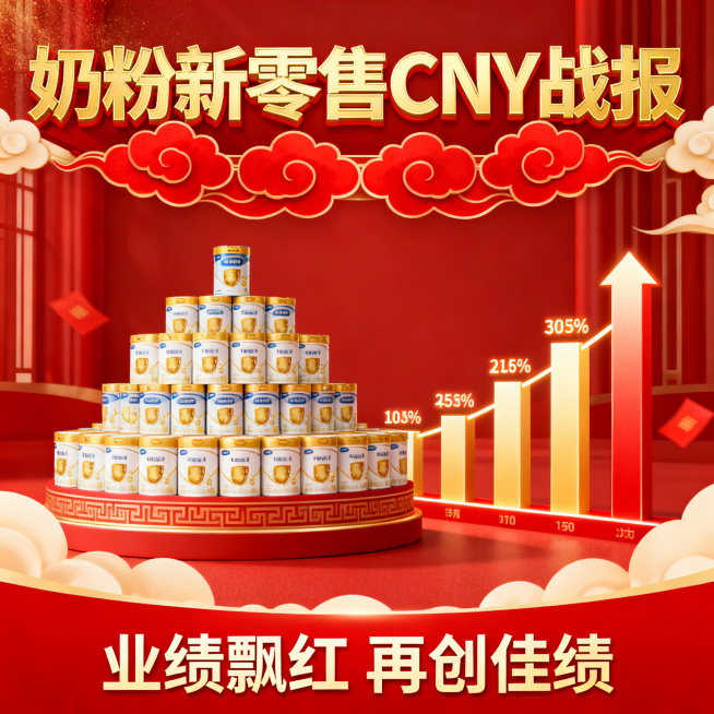 奶粉新零售CNY战报海报，画面顶部是醒目的“奶粉新零售CNY战报”标题，金色字体，搭配红色祥云装饰，中间区域展示奶粉产品堆头，旁边有醒目的销售数据柱状图，底部用红色背景突出“业绩飘红 再创佳绩”字样，预览效果