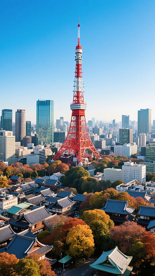 俯瞰视角，超写实高清大师摄影，东京城市全景，以散发金属光泽与结构细节的鲜红色东京铁塔为绝对视觉中心，周围环绕现代化玻璃幕墙高楼与传统日式屋顶建筑群，前景是色彩丰富的秋季树木，天空湛蓝清澈，光线明亮柔和，展现城市历史与现代交融的和谐氛围，全景深、清晰锐利细节、自然色彩饱和度，平衡构图的日本城市风景画面。
