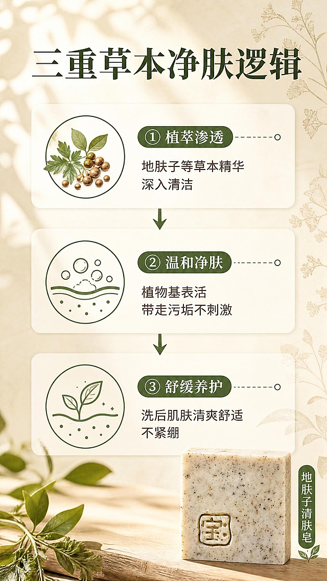 [商品] 使用【图1】方形手工沐浴皂小尺寸展示于右下角；保留米白色皂体、深色颗粒、"宝"字印章；修复光影使质感均匀。
[画面] 目标：作用机理说明页，展示草本清洁舒缓三段式链路。构图：纵向三段式布局，从上到下依次为「草本成分→温和清洁→舒缓净肤」三个环节，每个环节配示意图标+简短说明；中间用箭头连接形成链路；右下角小尺寸产品图呼应；背景为米白渐变+草本纹理装饰；阅读动线从上至下。
[视觉] 套系策略：风格=东方草本自然商业摄影+信息图质感；标题字=宋体衬线粗体；正文字=简洁无衬线体；主色=米白杏色；背景延展=基于米白杏做深浅渐变、宣纸纹理与柔光层次；强调色=草木绿，仅用于小面积图标、引线和标签；标题色=深墨绿；正文色=暖棕灰；组件=圆角浅底信息卡、细线引线、草本装饰元素；光影=左前侧暖柔光，自然窗影。
[文字] 顶部主标题「三重草本净肤逻辑」，三段分别标注：「① 植萃渗透——地肤子等草本精华深入清洁」「② 温和净肤——植物基表活带走污垢不刺激」「③ 舒缓养护——洗后肌肤清爽舒适不紧绷」；右下角产品旁配「地肤子清肤皂」字样；文字横向排版，层级清晰。
[规格] 淘宝/天猫详情页单屏9:16竖版，4K分辨率，负向：变形、错字、文字过小、医疗化机理图、治疗承诺、极限词、冷蓝背景。