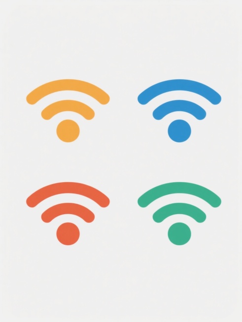 极简主义风格，白色背景，四个不同配色、不同样式的WiFi图标，每个图标均由中心圆点和向外辐射的弧形波浪线构成，保持原图标简洁的线条感和几何形态，排列整齐，形成对称或网格布局，色彩鲜明且对比协调，无任何文字、LOGO、二维码及多余装饰元素。预览效果