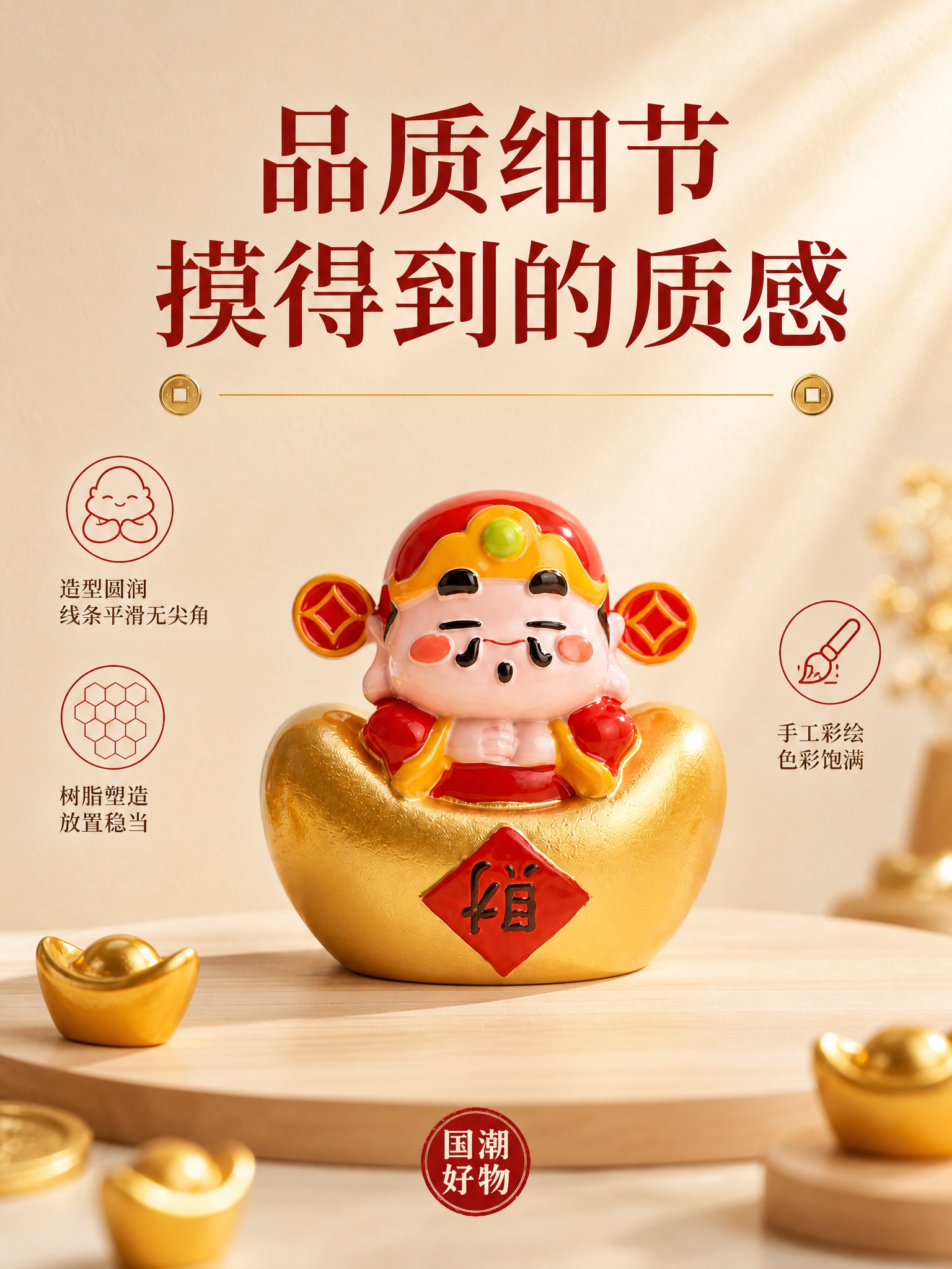 [单张主图] 财神元宝树脂摆件 高级氛围感主图 主打品质细节与… - 图片创意预览