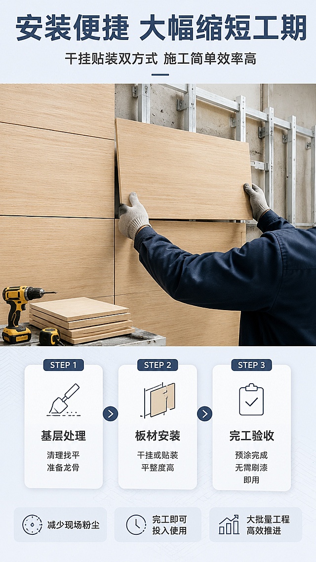 [第10张] 详情页安装便捷页-安装方式与缩短工期优势。本张使用产品图作为产品外观参考，保持冰火板产品外观与输入产品图一致。
[氛围/风格] 现代简约工装风，高效专业，施工场景感，商业摄影质感。
[元素布局] 画面上半部分展示施工安装场景：工人正在安装冰火板墙面，板材整齐上墙，仅展示工人手部和背部，不展示面部。下半部分三步安装流程图：基层处理 → 板材安装 → 完工验收。背景为浅灰蓝色工装风，有施工工具和龙骨结构元素点缀。
[光影质感] 施工现场顶光照明，真实自然；流程图区域明亮均匀；整体光影统一，专业高效感。
[配色色系] 全局底色 #F0F4F8 浅灰蓝；主色深灰、板材木色；辅助色深灰蓝、安全黄（小面积工具点缀）；流程图卡片白色微阴影。
[视角构图] 上施工场景下流程图，上下结构，信息清晰。竖版9:16。
[文字版式] 顶部大标题「安装便捷 大幅缩短工期」深灰蓝色粗体最大号，居中。副标题「干挂贴装双方式 施工简单效率高」深灰色中号，居中。三步流程图横向排列，每步含编号+图标+说明：STEP 1「基层处理」清理找平 准备龙骨；STEP 2「板材安装」干挂或贴装 平整度高；STEP 3「完工验收」预涂完成 无需刷漆 即用。底部优势总结：「减少现场粉尘」「完工即可投入使用」「大批量工程高效推进」，三个圆角标签并排。
[比例分辨率] 9:16竖版比例，4K分辨率，文字清晰可辨。
[负向提示词] 变形，水印，文字错乱，产品图模糊，背景杂乱，人物面部扭曲，多余手指。