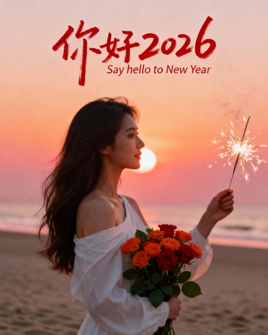 帮我生成一张人像写真图，保持图中人物形象不变，正面中景视角下，女人站在沙滩上，身穿白色斜肩上衣，长发自然垂落，左手抱橙红玫瑰花束（带绿叶），右手持正绽放烟花的仙女棒；背景是橘粉渐变的落日天空，暖调逆光预览效果