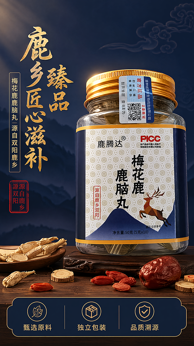 [第1张] 详情页头图-鹿腾达梅花鹿鹿脑丸滋补养生主视觉海报。本张使用【图5】瓶身正面作为商品主体，保持瓶身结构、标签文字、金色瓶盖与深蓝金配色完全一致。
[氛围/风格] 中式高级滋补养生风，温润厚重，商业摄影质感，东方养生美学。
[元素布局] 产品瓶身置于画面中央偏右，占比约60%-65%，瓶身直立，金色瓶盖朝上；左侧为标题文案区；底部为深棕色木质台面，台面点缀少量干制参片、枸杞、红枣等滋补食材作为前景装饰；背景为渐变深蓝色，带有淡淡的中式祥云纹理和远山剪影，营造沉稳高级的养生氛围；瓶身周围有柔和光晕，突出产品主体。
[光影质感] 左上方45°柔光主光源，右侧辅光提亮瓶身标签，底部自然投影，瓶身玻璃质感通透，金色瓶盖高光清晰，整体光影柔和有层次。
[配色色系] 全局底色 #1A2744（深蓝渐变）；主色 深蓝+金色；辅助色 深棕木色、朱红印章色；点缀色 米白。
[视角构图] 正面微仰视视角，产品为视觉中心，景深适中，阅读动线：左上主标题 → 中部产品 → 底部卖点信息条。
[文字版式] 左上标题区竖排+横排结合，主标题「鹿乡臻品 匠心滋补」8字，书法宋体风格，金色字；副标题「梅花鹿鹿脑丸 源自双阳鹿乡」12字，米白色圆角黑体；标题下方朱红印章式角标「源自鹿乡双阳」；底部横向信息条，深蓝底金色字，三个卖点图标并列：「甄选原料」「独立包装」「品质溯源」，每个卖点配简约线性图标。所有文字清晰可读，不遮挡瓶身主标签。
[比例分辨率] 9:16 竖版比例，4K分辨率，文字清晰可辨，高清画质。
[负向提示词] 瓶身变形，标签文字错乱，颜色偏差，缺件错件，水印，文字过小，背景杂乱，产品模糊，医疗功效宣传词，极限词。