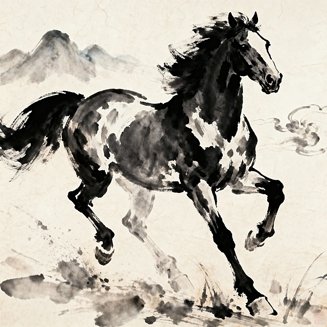 水墨晕染骏马奔腾，工笔勾勒筋骨遒劲，古典山水背景烘托国潮气韵，尽显中式美学风骨。