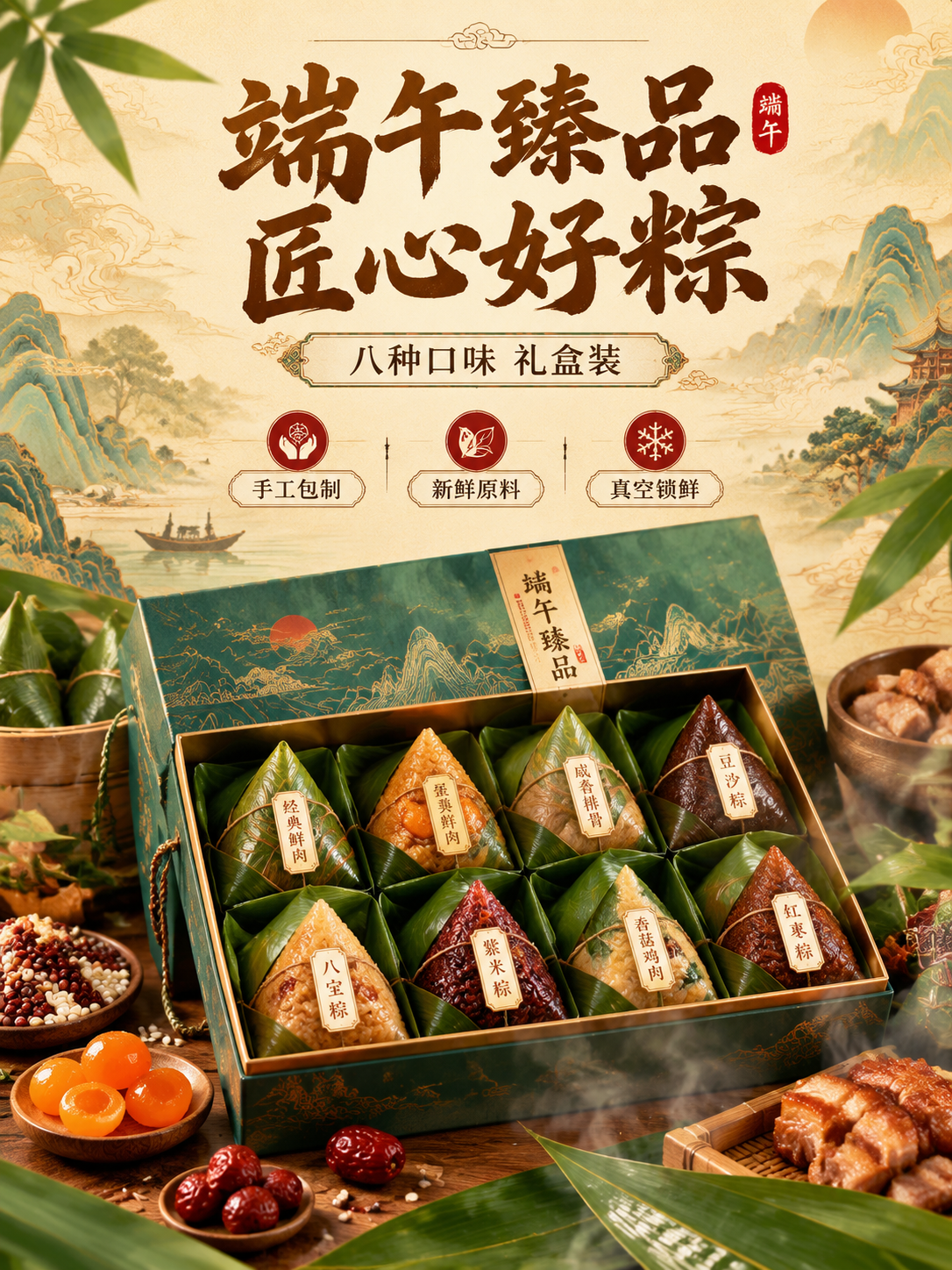 国潮风粽子详情页第1张-食欲氛围头图，3:4竖版。产品海报型版… - 图片创意预览