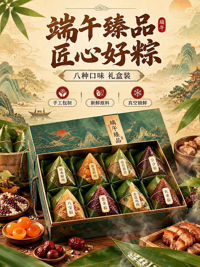 国潮风粽子详情页第1张-食欲氛围头图，3:4竖版。产品海报型版式，上文下图。上方大标题「端午臻品 匠心好粽」，副标题「八种口味 礼盒装」，配3个卖点icon：「手工包制」「新鲜原料」「真空锁鲜」。下方主体为精美粽子礼盒打开状态，多种口味粽子整齐排列，粽叶翠绿鲜亮，旁边点缀红枣、咸蛋黄、鲜肉等馅料食材，前景有粽叶和蒸汽效果。背景为淡雅国潮山水纹样，暖金色调。套系策略：风格=国潮新中式商业摄影；标题字=国潮书法粗体；正文字=简洁宋体；主色=青绿+赭石+金黄；背景延展=基于米白宣纸质感做深浅层级和传统纹样点缀；强调色=朱红，仅用于小面积标签和图标；标题色=深赭石；正文色=深棕灰；组件=圆角浅底信息卡、传统纹样边框；光影=左前侧暖柔光。文字全部横排，不遮挡主体。超高清，4K画质，食欲感强。