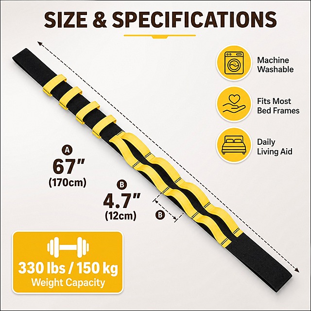 [主图-8] Bed Ladder Sit Up Assist Strap 尺寸参数与产品规格图。
[统一基调] 亚马逊跨境信息图风格，暖黄色+深棕色主色调，标题深棕色粗体无衬线字，辅助文字深灰色，强调色为暖黄色，圆角卡片样式，整体明亮温暖专业。
[画面] 产品斜向45度从左上到右下展开在浅灰白色渐变背景上，完整展示整条梯带；产品上有两条虚线标注线：A线沿长度方向从一端到另一端，标注总长度；B线在中间位置横向标注宽度；右侧竖排三个圆形图标+文字的规格项；左下角有一个大的黄色圆角承重标签。
[光影质感] 影棚柔光，产品平铺展开，织带纹理清晰，把手立体感强，底部有轻微投影。
[配色] 浅灰白渐变背景+深棕色标注线+暖黄色强调+产品黑黄本色，整体干净专业。
[文字版式] 长度标注："67\" (170cm)" 深棕色粗体；宽度标注："4.7\" (12cm)" 深棕色粗体；右侧三个圆形图标从上到下：洗衣机图标+"Machine Washable"、手掌托举图标+"Fits Most Bed Frames"、床图标+"Daily Living Aid"；左下角黄色圆角标签内白色哑铃图标+大号文字："330 lbs / 150 kg Weight Capacity"；文字清晰不遮挡产品主体。
[输出要求] 1:1正方形比例，文字清晰可读，产品完整清晰；负向：变形、错字、模糊、杂乱、水印、中文、多余物体。
