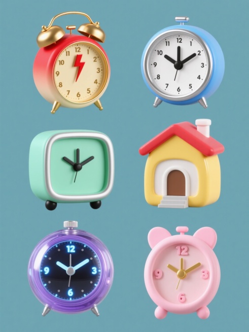 一套6张的3D风格系列素材集合，每张素材均为规整排布的单一闹钟图案，闹钟整体造型简约现代，采用纯色背景，无任何文字、logo和水印。第一张：红色渐变外壳的双铃闹钟，金色金属装饰，表盘中央有红色闪电图案，表盘为米黄色，金色刻度和指针，金色支架。第二张：蓝色渐变外壳的圆形闹钟，银色金属边框，表盘为白色，黑色数字和指针，顶部有一个银色提手。第三张：绿色磨砂质感的方形闹钟，黑色数字和指针，表盘为浅绿色……预览效果