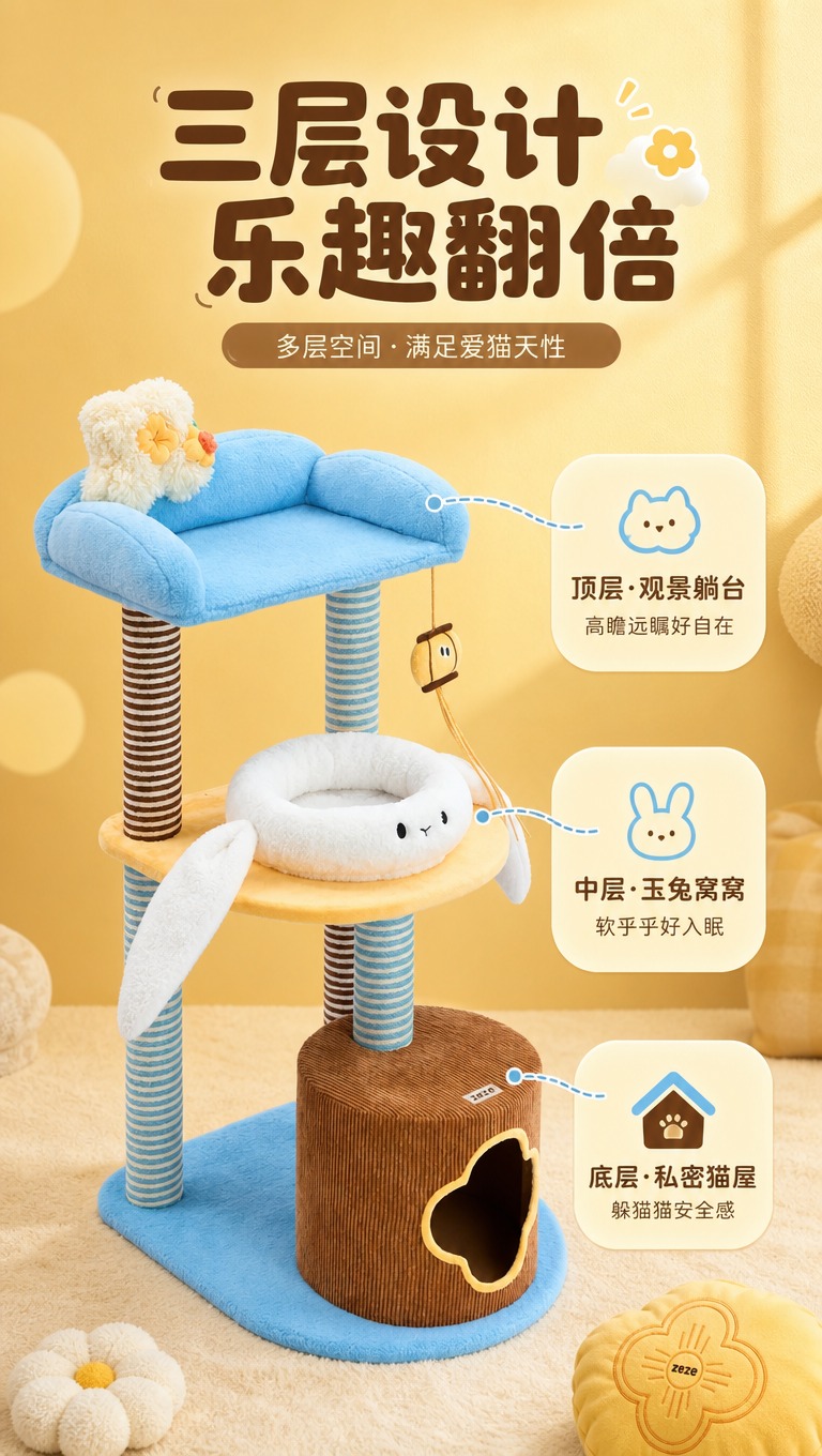 [商品] 使用【图2】zeze三层猫爬架；保留蓝色顶层躺台、白… - 图片创意预览