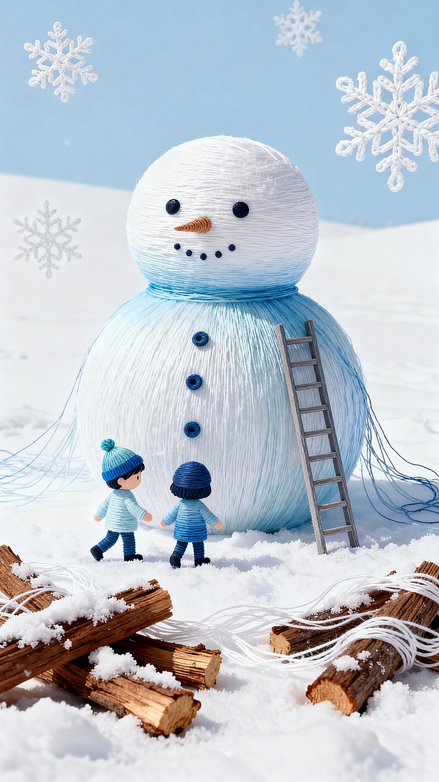 立冬时节，一个可爱的巨大的卡通雪人在雪地上，一个梯子搭在雪人身上，有两个小朋友正在安装雪人的纽扣，湛蓝的天空落下雪花，前景是落雪的柴木