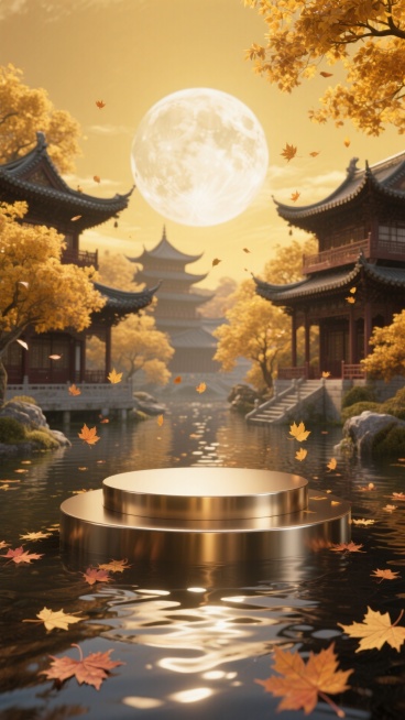 国风虚拟电商场景图。前景是一个圆形金属展台，水面波光粼粼，几片枫叶飘落。背景亮灯的传统中式楼阁建筑群、金黄枫树，金色的天空挂着一轮发光的圆月预览效果