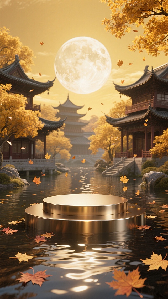 中式古典园林与梦幻月夜交融，鎏金金属台悬浮水面，光影流动，秋叶飘落，3D虚拟现实呈现静谧唯美的东方意境。