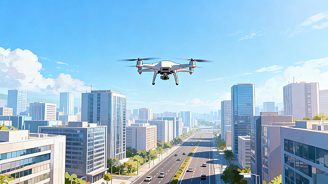 无人机在晴朗的天空中飞行，下方是现代化的城市景观，开阔通透的城市图景，动画风格，清新明亮的色彩，横版构图