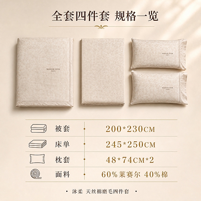 [主图-5] 尺寸规格与全套组件主图，清晰展示四件套的尺寸参数和全部组件，帮助消费者决策。
[统一基调] 现代轻奢简约风格，统一暖调奶茶米色系背景，同一款高级卧室空间（艺术感弧形肌理墙面、浅米色大理石地面、午后暖金色斜射光斑），字体使用优雅衬线体，主标题字色为深咖色，辅助文字为浅咖色，强调色为暖金色，整体干净克制有呼吸感，无厚重色块底板。
[画面] 画面上半部分为床品四件套的Knolling平铺俯视展示，被套、床单、两个枕套整齐平铺排列，每件之间留有均匀间距，展示全套组件，占画面约50%。背景为浅米色干净背景，带有柔和光影。下半部分为规格参数区域，用简洁的线条和文字标注各组件尺寸。整体布局清晰，信息一目了然。
[光影质感] 商业产品摄影质感，均匀柔和的顶光，每件床品都平整铺展，面料纹理清晰可见，边缘有自然的柔和投影，整体干净利落。
[配色] 主色：浅米色、奶咖色；点缀色：暖金色、深咖色；背景为干净的浅米色。
[文字版式] 顶部居中主标题：「全套四件套 规格一览」，深咖色大号衬线体。下半部分规格区采用两列布局：左侧列组件名称，右侧列对应尺寸。具体内容：「被套 200*230CM」「床单 245*250CM」「枕套 48*74CM*2」「面料 60%莱赛尔 40%棉」。文字用深咖色和浅咖色搭配，尺寸数字用暖金色加粗突出。底部一行小字：「沐柔 天丝棉磨毛四件套」。整体排版整齐对称，信息清晰。
[输出要求] 1:1正方形，2048px，床品外观颜色纹理与参考图一致，尺寸文字清晰准确，排版整洁。负向：变形、错字、模糊、杂乱、水印、平台Logo、尺寸错误、色差。