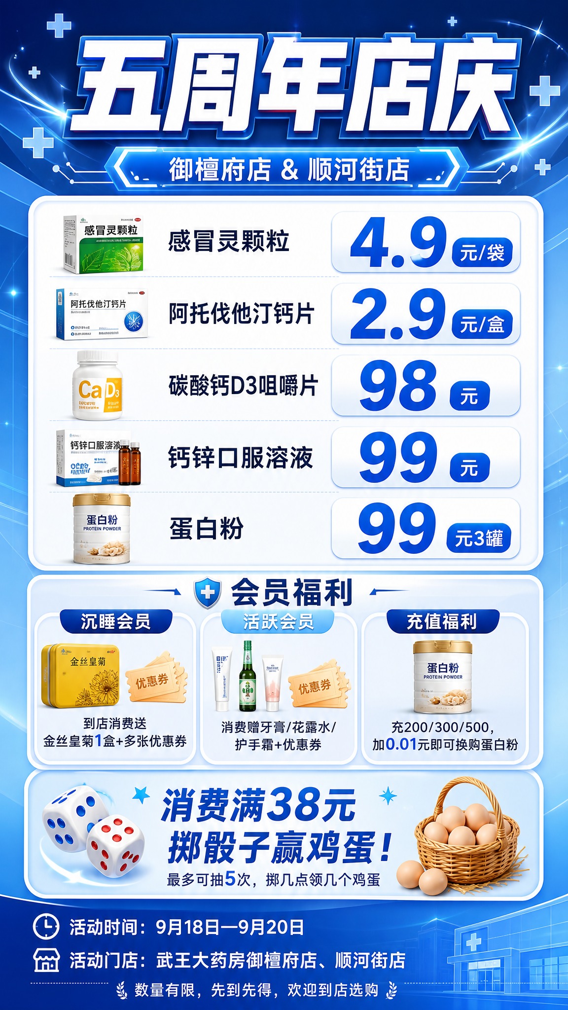 一张药店五周年店庆活动促销海报，竖版9:16，蓝色专业医疗风格… - 图片创意预览