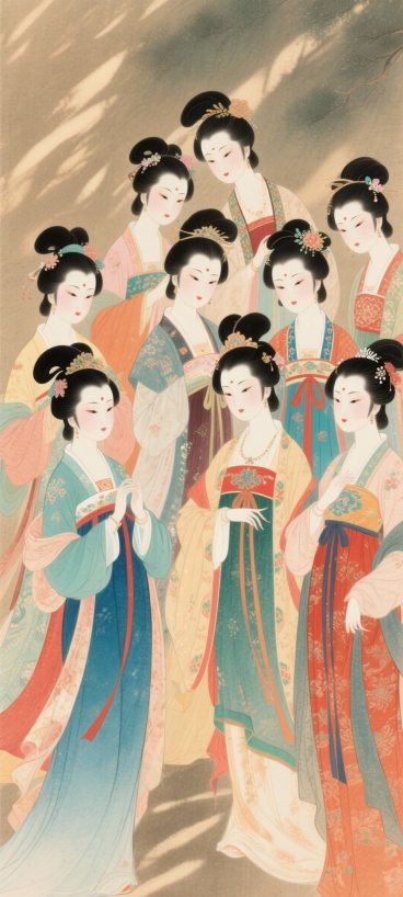 国画风格，画面中有一群身着色彩斑斓服饰的古代仕女，她们的眼睛灵动且传神，整体画面构图精巧，光影交错，呈现仕女们的优雅姿态和华丽服饰，主视觉靠下预览效果