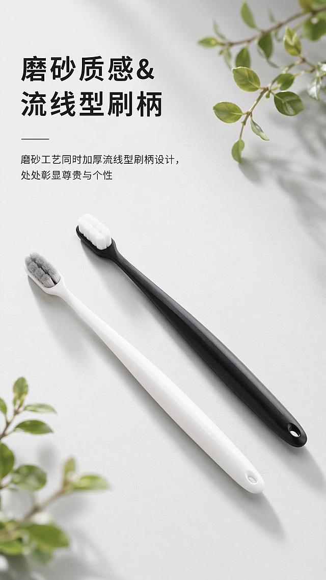 [第6屏] 刷柄设计展示-磨砂质感&流线型刷柄特点解析。本屏使用【图2】【图3】展示黑白两款刷柄。
[氛围/风格] 清新场景风，浅灰底搭配绿植点缀，自然高级感，商业摄影质感。
[元素布局] 两款牙刷斜向摆放于画面中下区域，占比约60%，左上角主标题，背景点缀少许绿色植物装饰，突出磨砂质感和流畅线条，刷柄形状、颜色、材质与输入产品图完全一致。
[光影质感] 左侧柔光照明，刷柄磨砂纹理清晰，自然投影，整体明亮通透。
[配色色系] 全局底色 #F0F0F0；主色黑白牙刷；辅助色浅绿植物点缀，文字黑色。
[视角构图] 斜侧摆放，视觉层次丰富，阅读动线从上到下。
[文字版式] 顶部主标题「磨砂质感&流线型刷柄」，副标题「磨砂工艺同时加厚流线型刷柄设计，处处彰显尊贵与个性」，文字排版简洁，不遮挡刷柄主体。
[比例分辨率] 9:16竖版比例，宽度790px，4K分辨率，文字清晰可辨，高清画质。
[负向提示词] 刷柄变形，颜色偏差，缺件错件，文字过小，背景杂乱。