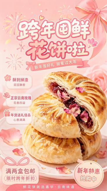 扁平治愈插画风格海报，马卡龙粉红新年配色，少女感十足。画面主体为堆叠的卡通嘉华鲜花饼，点缀小烟花、新年蝴蝶结、玫瑰花瓣，整体柔和柔光，干净清爽无杂乱元素。主标题文字“跨年囤鲜花饼啦”使用柔和圆润字体，预览效果